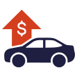 blue car icon in front of arrow with dollar sign pointing up